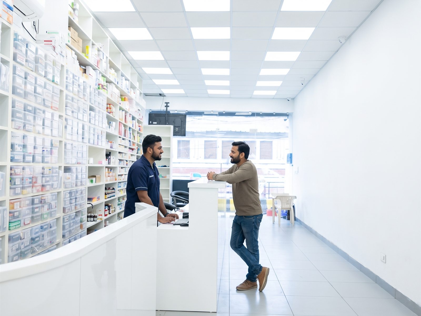 Chemist Box pharmacist serving a customer one-on-one