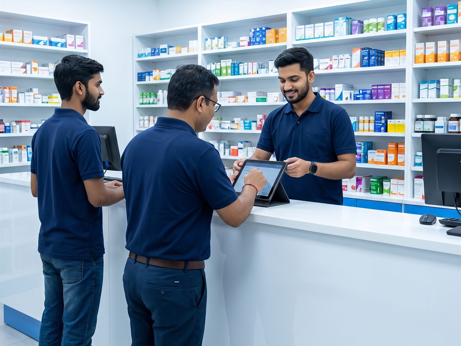 Chemist Box staff at the counter with '100% Genuine Medicine' wall signage